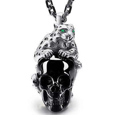 Necklace of Black Obsidian & 925 Sterling Silver leopard Carved Crystal Skull Pendant with 925 Sterling Silver Chain